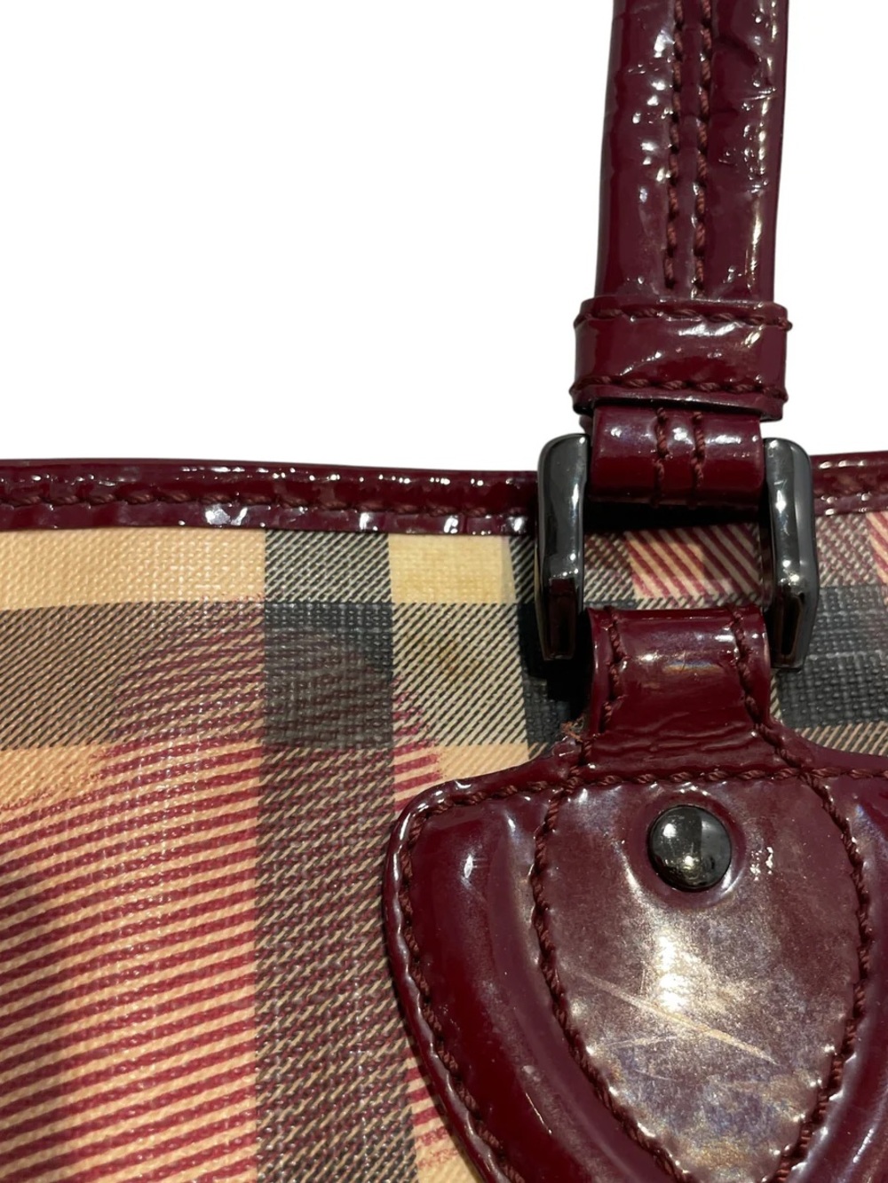 Burberry Beige Plaid Tote with Burgundy Patent Trim - Picture 4 of 5